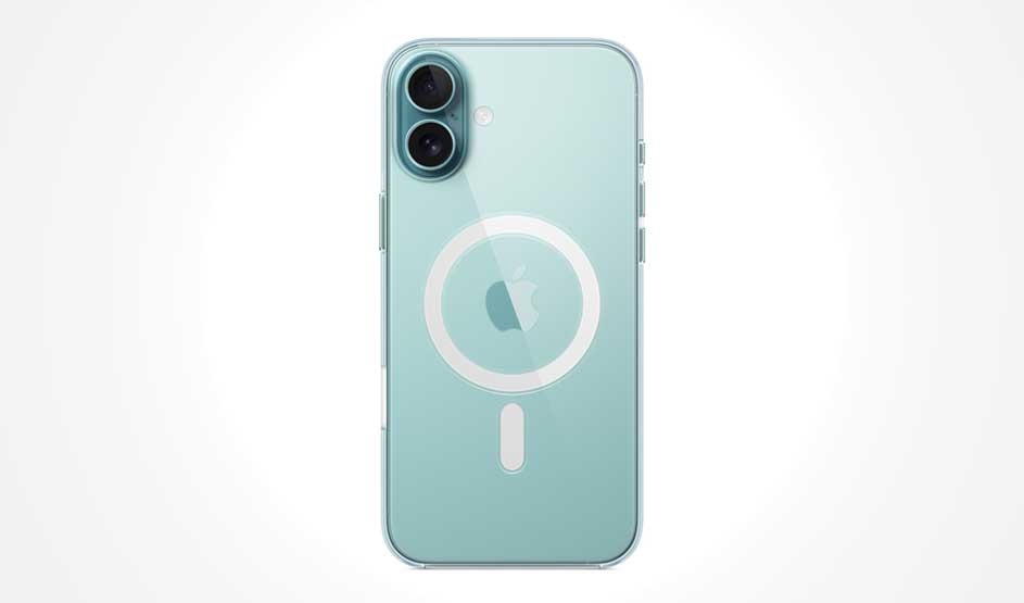 A mint-green smartphone is shown from the back with two cameras and a clear case featuring a white magnetic ring and alignment bar on a white background.
