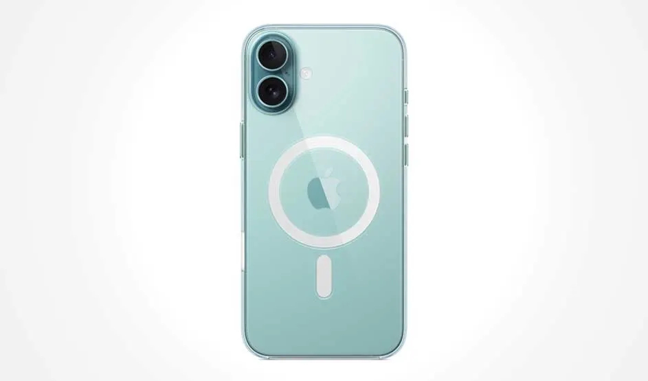 A mint-green smartphone is shown from the back with two cameras and a clear case featuring a white magnetic ring and alignment bar on a white background.