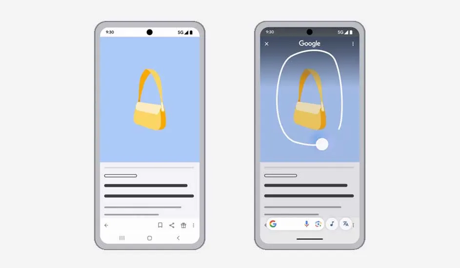 Twee smartphones tonen een gele handtas op een blauwe achtergrond. De rechter toont Google Lens.