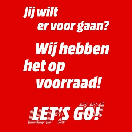 Rode achtergrond met witte tekst in het Nederlands, inclusief "LET'S GO!" in meervoudige lijnen.