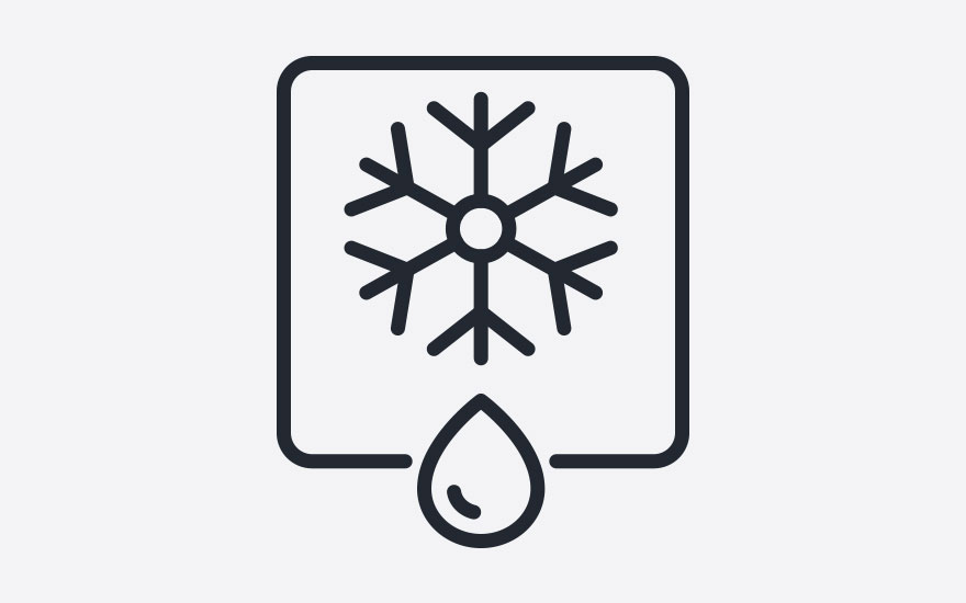 Icône noire sur fond clair : flocon de neige dans un carré au-dessus d'une goutte.