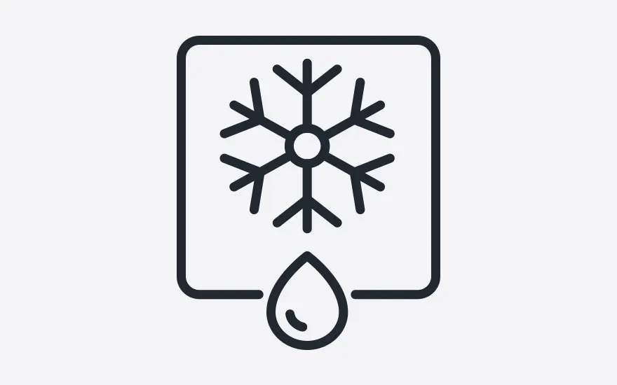 Icône noire sur fond clair : flocon de neige dans un carré au-dessus d'une goutte.