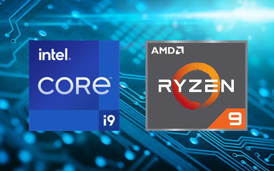 Logos Intel Core i9 (bleu) et AMD Ryzen 9 (gris) sur fond de circuit imprimé bleu.