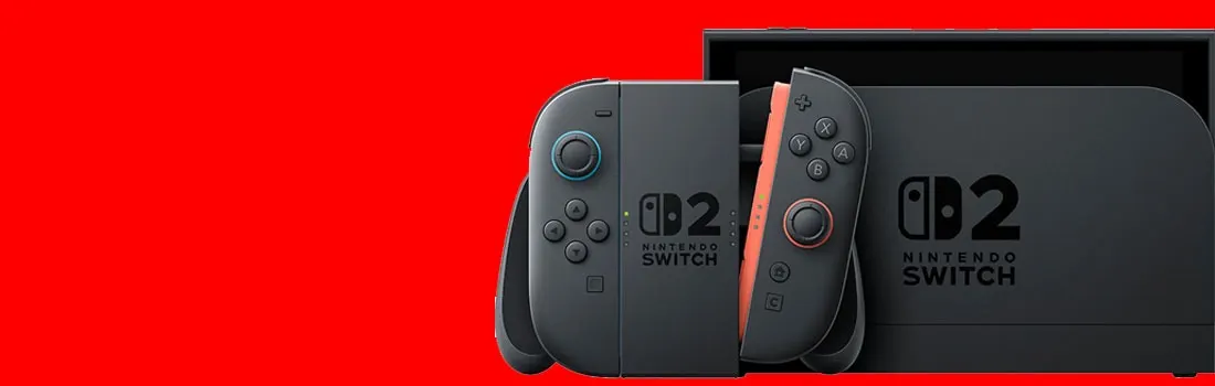 The image shows a Nintendo Switch OLED console and Joy-Cons on a red background. The console and controllers are dark gray with black accents.