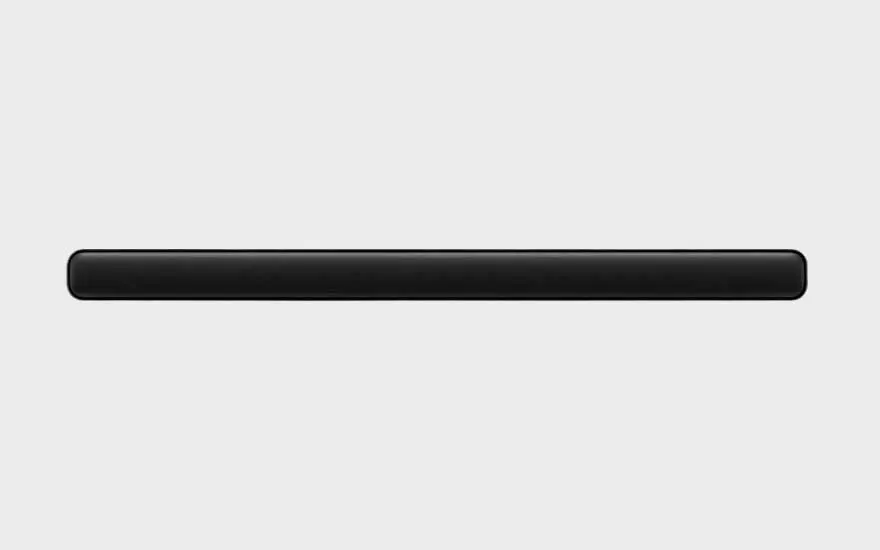 Une barre de son TCL noire minimaliste est présentée au centre sur fond clair, avec un design sobre, moderne et épuré.
