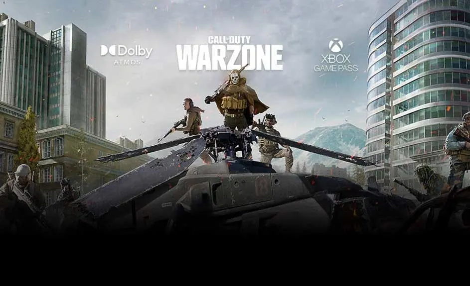 Affiche du jeu "Call of Duty: Warzone". On voit des bâtiments, un hélicoptère et des montagnes en arrière-plan.