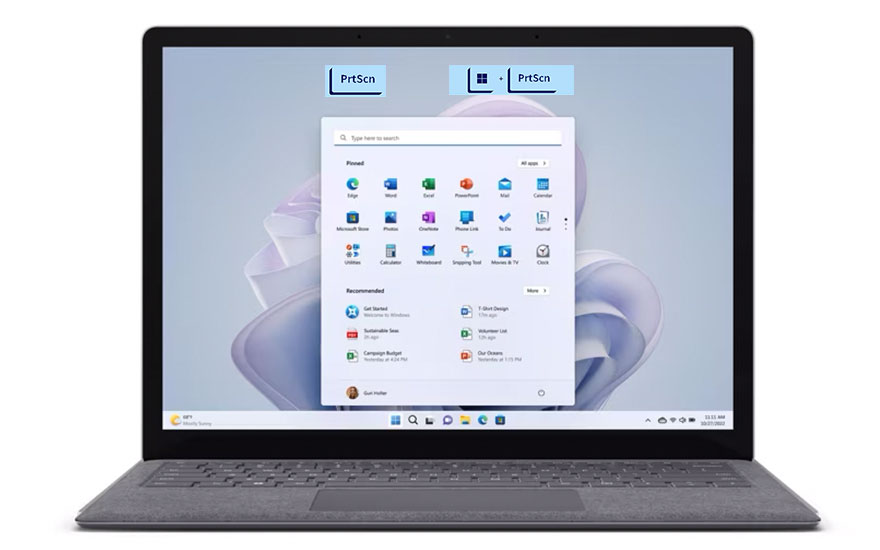 Een grijze laptop toont Windows met een startmenu over de achtergrond. Twee "PrtScn" vensters zijn zichtbaar bovenaan.
