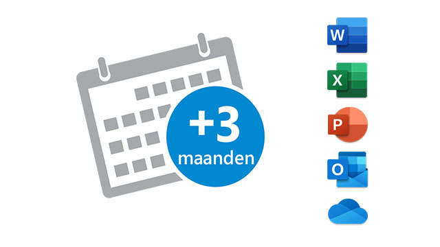 Grijze kalender met "+3 maanden" in blauwe cirkel en logo's van Microsoft Word, Excel, PowerPoint, Outlook en OneDrive.