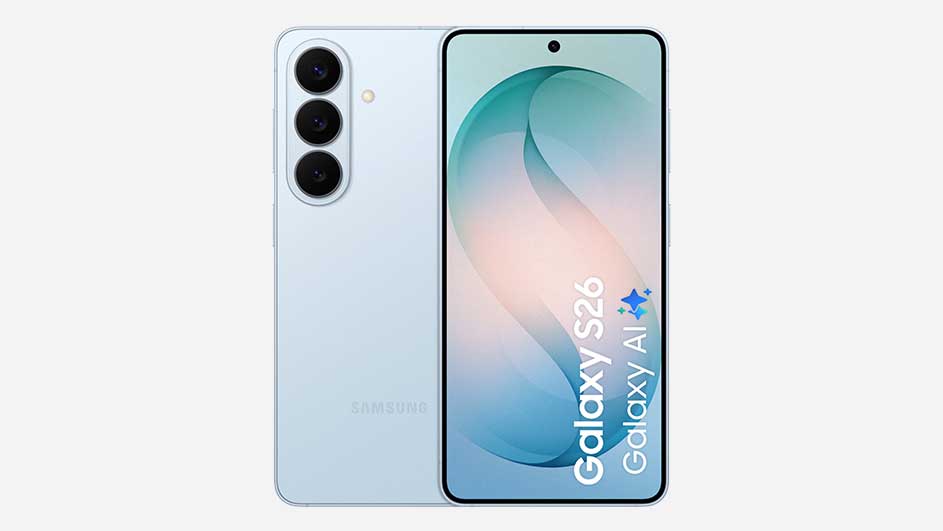 Light blue Samsung Galaxy S26 shown front and back; triple rear camera on the left, large display on the right reading “Galaxy S26” and “Galaxy AI”.