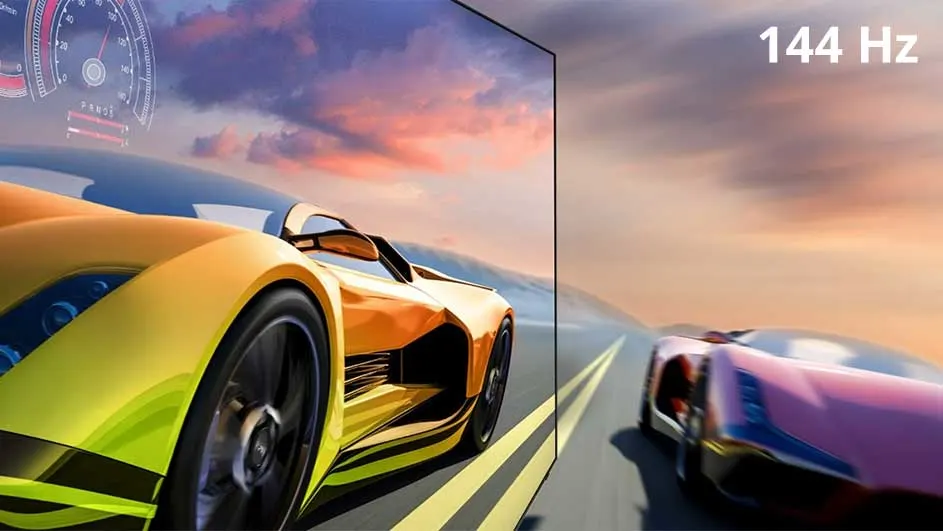 The image shows a yellow sports car on a road with a speedometer graphic, next to a TV screen displaying a similar scene with a pink car. "144 Hz" is visible.
