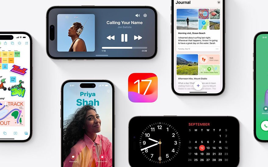 Divers écrans d'iPhone affichent des applications telles que Musique, Journal, Horloge et Messages sur fond blanc.