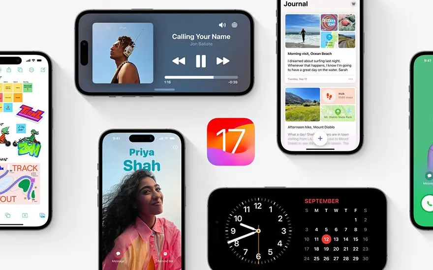 Divers écrans d'iPhone affichent des applications telles que Musique, Journal, Horloge et Messages sur fond blanc.
