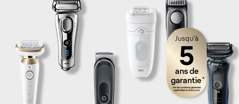 Plusieurs rasoirs et épilateurs électriques de la marque Braun sont alignés, avec une garantie allant jusqu'à 5 ans indiquée.