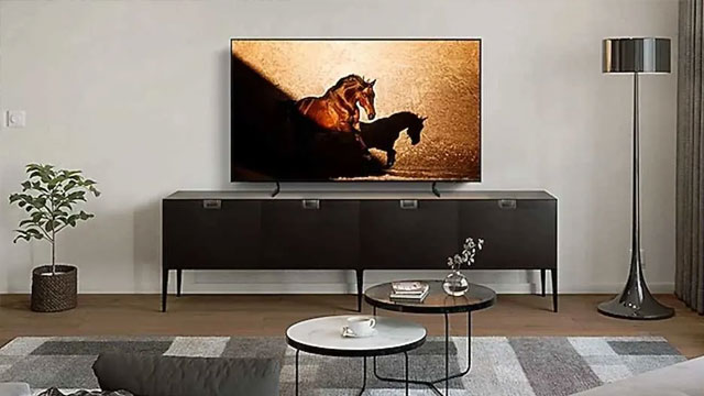 Large TV on a black sideboard displays two horses. Modern living room with coffee tables, floor lamp, and plant.