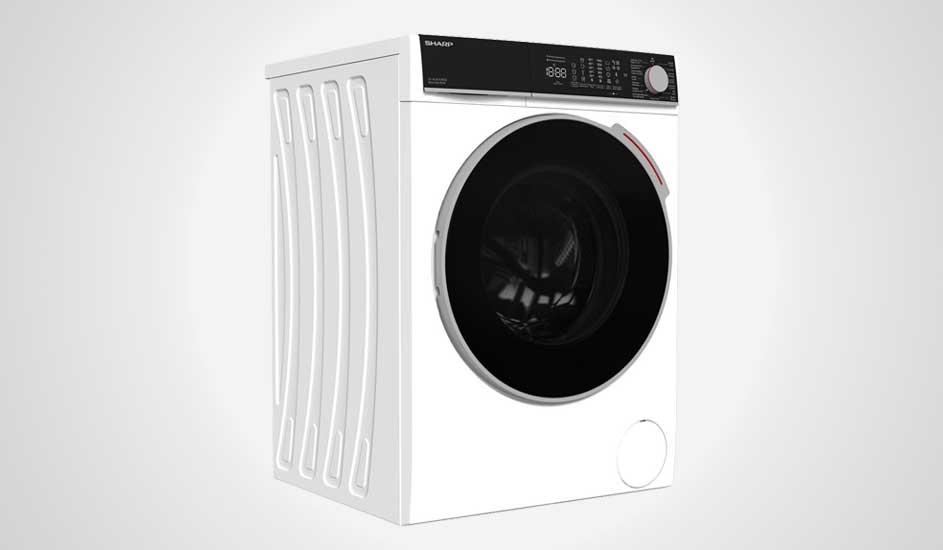 Machine à laver blanche avec panneau de commande noir et hublot rond sur fond blanc.