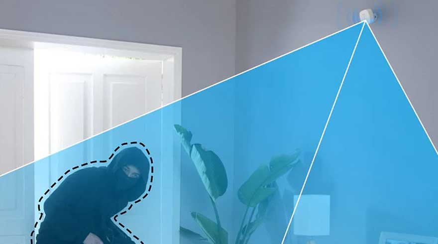 Een interieur met een blauwe, kegelvormige bewakingscamera overlay, een plant, een deur en een wandlamp.