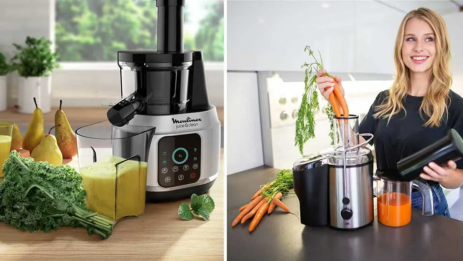Twee foto's tonen een sapcentrifuge met fruit en groenten, en vers sap.