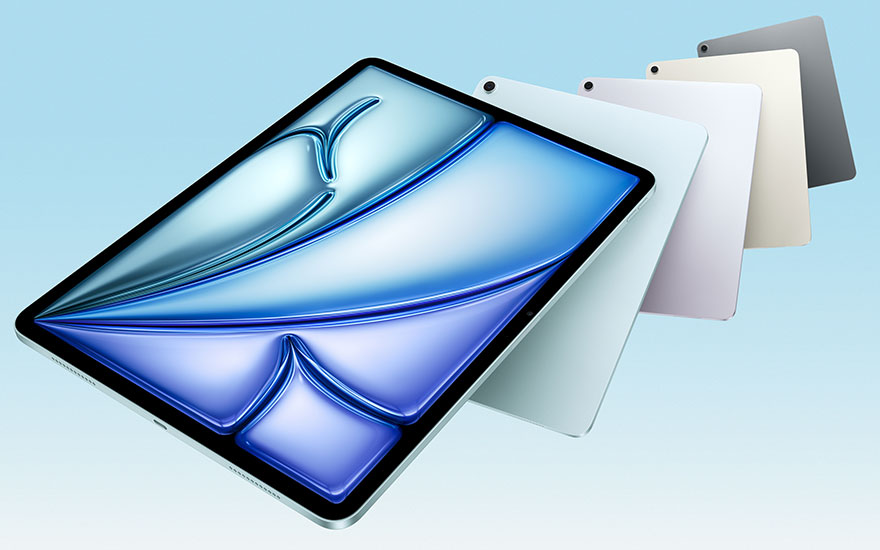 Five tablets in different colours - black, white, pink, beige and grey - arranged in a fan formation with a blue abstract background.