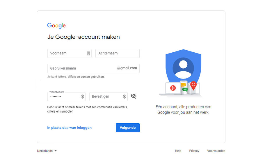 Google account aanmaakpagina met velden voor naam, gebruikersnaam en wachtwoord. Icoon van Google-producten.