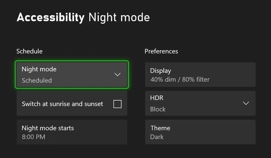 L’écran affiche les paramètres du mode nuit Xbox, avec des options de planification, de luminosité, de blocage HDR et un thème sombre.