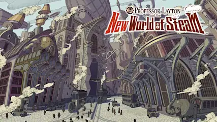 Een uitgestrekte stoomstad met hoge hallen, luchtschepen en rokende schoorstenen toont een druk plein vol mensen en voertuigen.