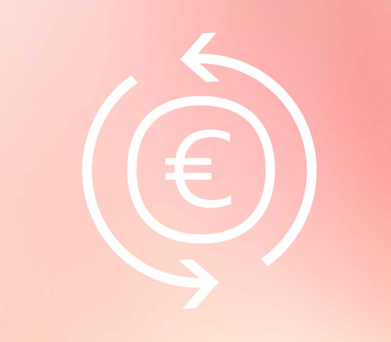 Witte euro-symbool in cirkel met pijlen op roze achtergrond, wat een herhaling of uitwisseling suggereert.