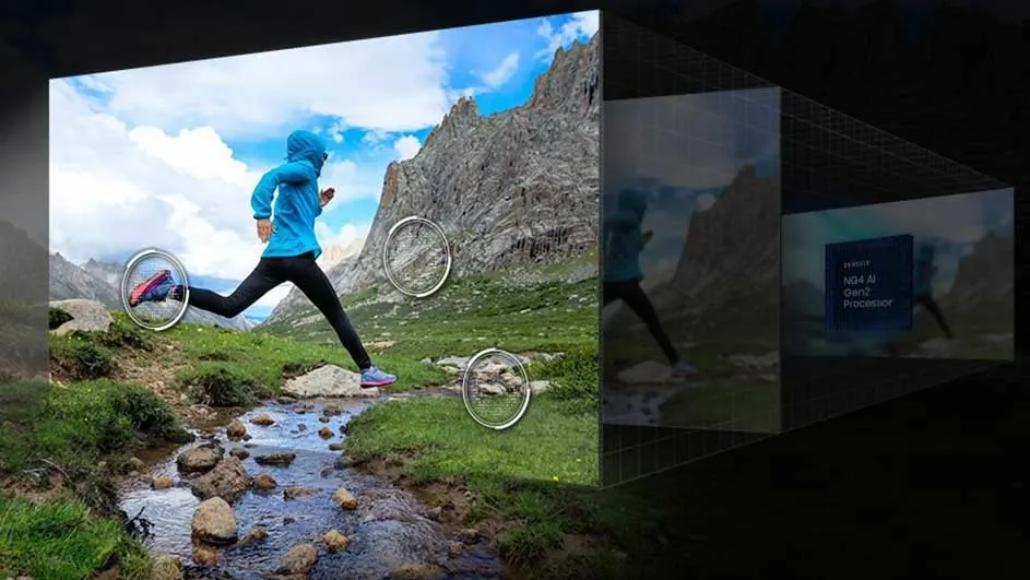 Une coureuse saute au-dessus d’un ruisseau en montagne ; des couches d’écran transparentes suggèrent traitement d’image ou profondeur.