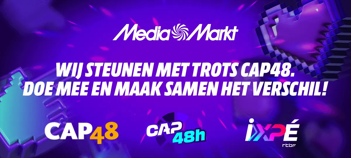 Paarse promotiebanner van MediaMarkt met de tekst: “Wij steunen met trots CAP48. Doe mee en maak samen het verschil!” en de logo’s van CAP48, CAP48h en ixpé/RTBF.