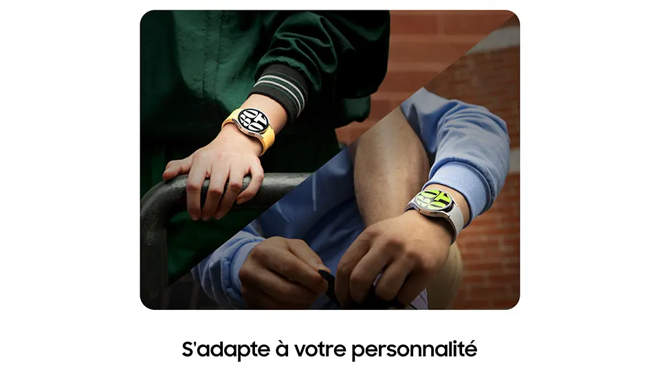 Deux personnes portent des montres colorées. Une personne tient une barre. L'autre personne attache ses chaussures.