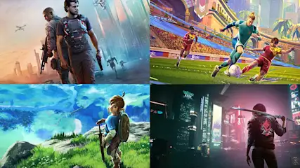 Un collage de quatre jeux vidéo différents représentant divers genres: un jeu de tir, une aventure cyberpunk, un jeu de football et une aventure fantastique dans un monde ouvert coloré.