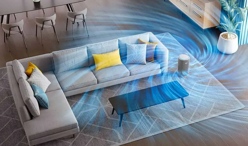 Blauwe luchtstromen wervelen door een moderne woonkamer rond een grijze hoekzetel met gele kussens en een compacte luchtreiniger naast het tapijt.