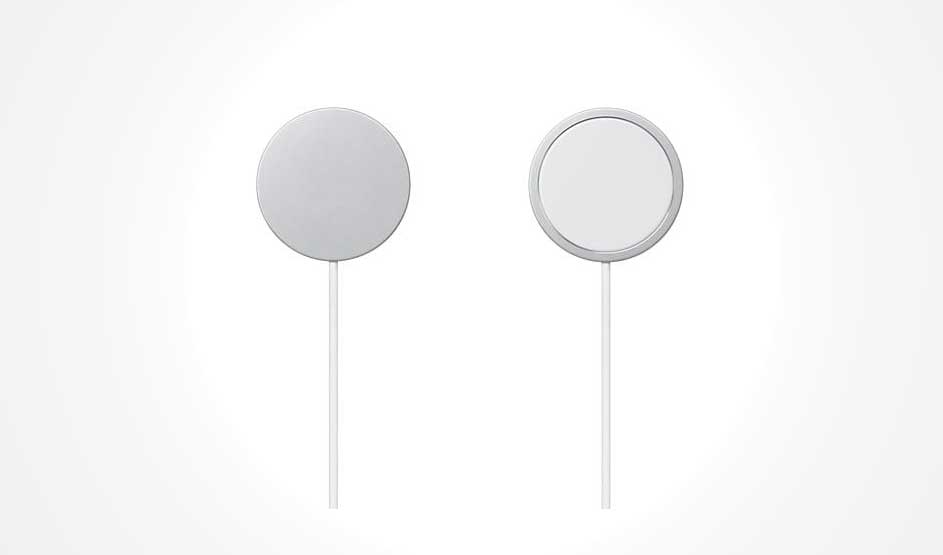 Two round magnetic charging pucks with white cables hang against a plain white background; one is shown from the back, the other from the front.