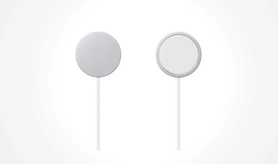 Two round magnetic charging pucks with white cables hang against a plain white background; one is shown from the back, the other from the front.