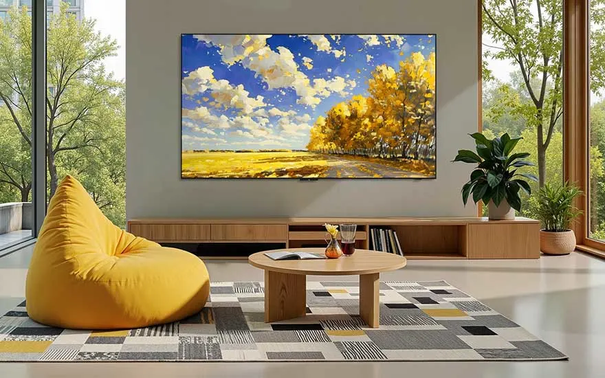 Un salon paisible aux grandes fenêtres montre un téléviseur affichant un paysage peint, près d’un pouf jaune et d’une table ronde.