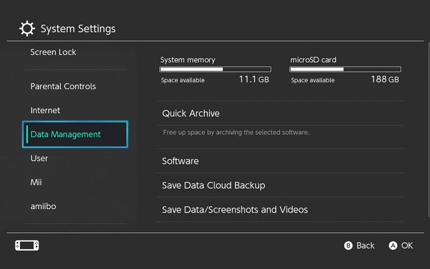 Een scherm met systeeminstellingen toont beschikbare ruimte: 11.1 GB systeemgeheugen en 188 GB microSD-kaart.