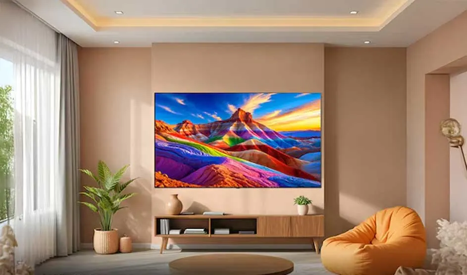 In een warme woonkamer hangt een grote tv met kleurrijk berglandschap boven een houten meubel, naast planten en een zitzak.