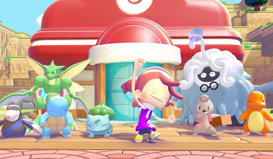 Happy child dancing in front of a red‑roofed building, surrounded by colourful Pokémon posing in a row.
