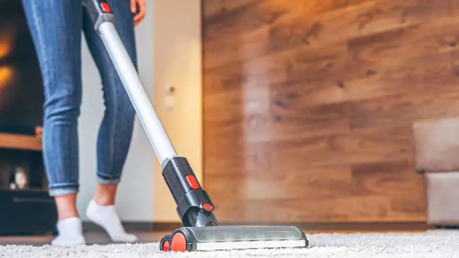 Une personne passe l'aspirateur sur un tapis blanc dans une pièce avec des murs en bois.