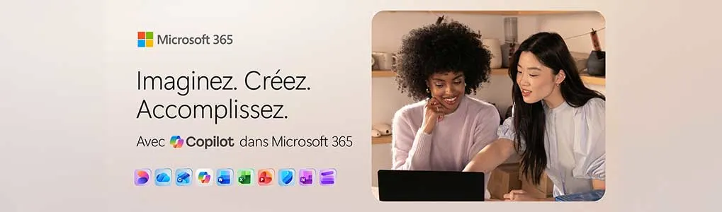 Deux collègues collaborent sur un ordinateur portable, à côté du texte « Imagine. Create. Accomplish. With Copilot in Microsoft 365 ».