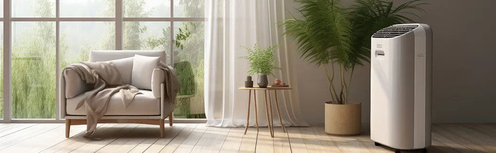 Salon lumineux avec fauteuil beige, climatiseur blanc, table d'appoint, et plantes vertes. Rideaux blancs et plancher en bois clair.