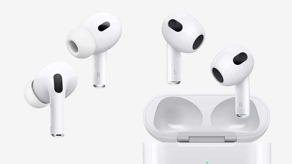 Witte draadloze oortjes en een oplaaddoosje op een witte achtergrond. Op de oortjes staan de letters L en R.