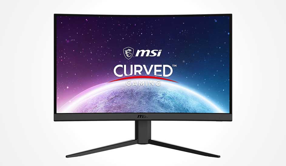 Gebogen MSI-gamingmonitor met slanke rand toont een kleurrijke ruimte-achtergrond met planeten op een minimalistische standaard.