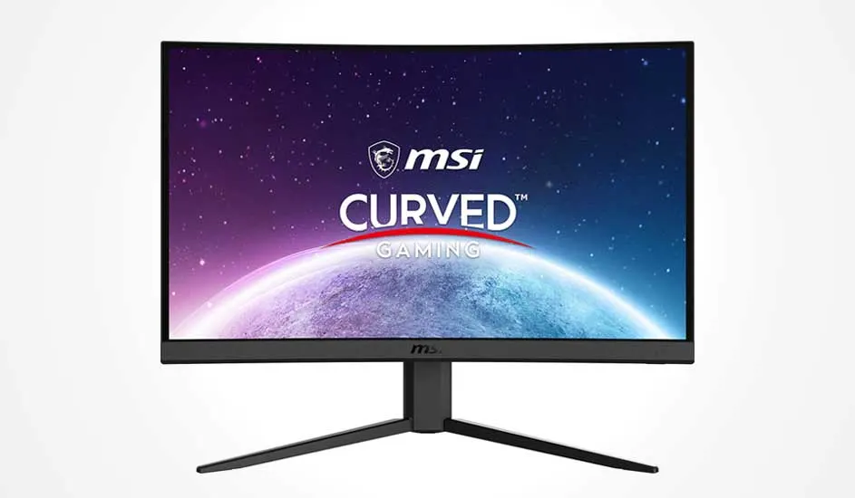 Écran gaming MSI incurvé à bord fin affichant une scène spatiale colorée avec planète sur un pied minimaliste.