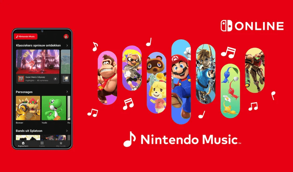 Op een rode achtergrond zie je Nintendo-personages en een smartphone met Nintendo Music-app. Muzieknoten zweven rond. Merk: Nintendo.