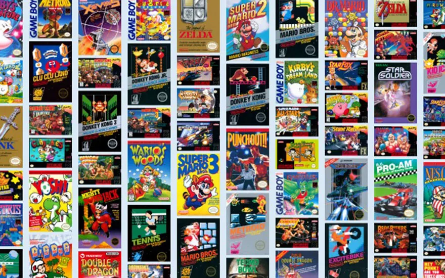 Collectie van Nintendo Entertainment System (NES) gamehoesjes in diverse kleuren en stijlen.