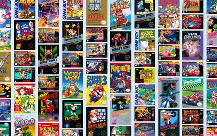 De nombreuses boîtes de jeux vidéo rétro Game Boy, aux couleurs et illustrations variées, sont disposées en grille.