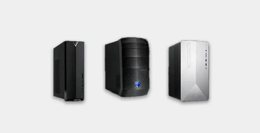 Trois boîtiers d'ordinateur sont présentés sur un fond uni : un noir, un noir texturé et un argenté.