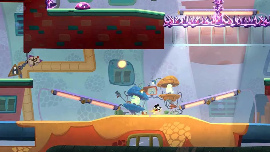 Image d'un jeu vidéo avec des plateformes orange, des tubes violets lumineux et divers éléments fantastiques.