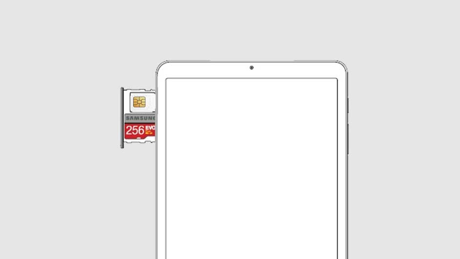 Un schéma montre une tablette blanche avec un emplacement pour carte SD. Une carte SD rouge de 256 Go est à côté.
