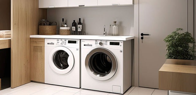 Buanderie avec deux machines à laver blanches, une porte grise et une plante verte. Bouteilles sur un comptoir blanc.